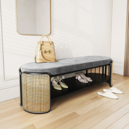 1247mm Rattan Bench Modern Gray & Natural Upholstered Entryway Bench with Shoe Storage - thumbnail 6
