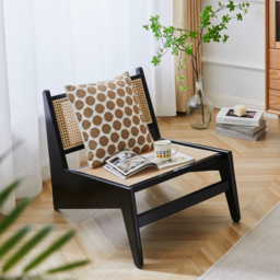 Japandi Black Rattan and Wood Lounge Chair Accent Chair for Living Room - thumbnail 1