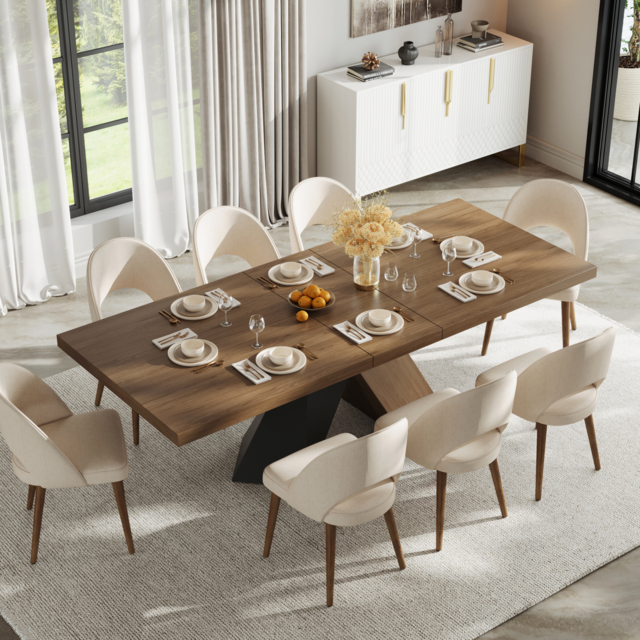 1600mm-2000mm Extendable Walnut Dining Table & 8 Walnut Japandi Rattan Dining Chairs - image 1
