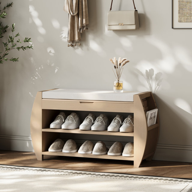 32'' Wood Veneer Whitewash Shoe Storage Entryway Bench with Shoe Rack - image 1