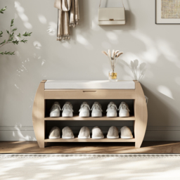 32'' Wood Veneer Whitewash Shoe Storage Entryway Bench with Shoe Rack - thumbnail 2