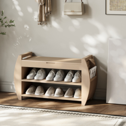 32'' Wood Veneer Whitewash Shoe Storage Entryway Bench with Shoe Rack - thumbnail 3