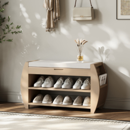 32'' Wood Veneer Whitewash Shoe Storage Entryway Bench with Shoe Rack - thumbnail 1