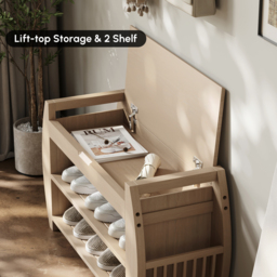 32'' Wood Veneer Whitewash Shoe Storage Entryway Bench with Shoe Rack - thumbnail 5