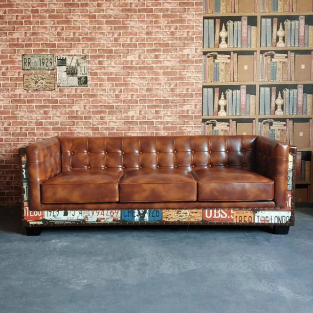 Vintage Industrial Loft 3-Seater Sofa Tufted Brown Faux Leather Upholstered Sofa - image 1