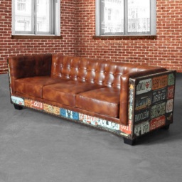 Vintage Industrial Loft 3-Seater Sofa Tufted Brown Faux Leather Upholstered Sofa - thumbnail 2