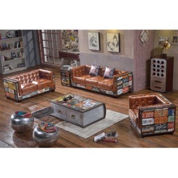 Vintage Industrial Loft 3-Seater Sofa Tufted Brown Faux Leather Upholstered Sofa - thumbnail 3