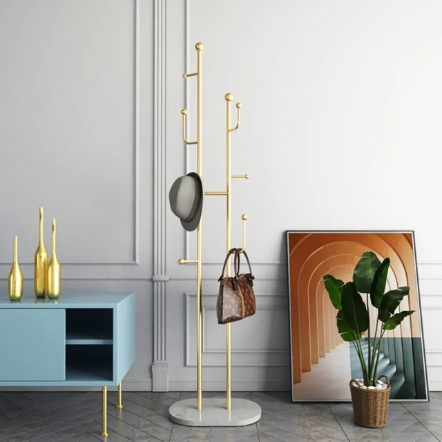 1700mm Gold Standing Coat Stand with 7 Hooks Faux Marble Base Hallway Clothing Stand - image 1