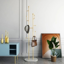 1700mm Gold Standing Coat Stand with 7 Hooks Faux Marble Base Hallway Clothing Stand - thumbnail 1