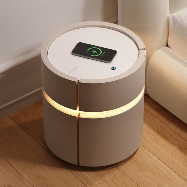 Round Saddle Leather Bedside Table with Wireless Charging Bedside Table in Beige - image 1