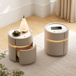 Round Saddle Leather Bedside Table with Wireless Charging Bedside Table in Beige - thumbnail 9