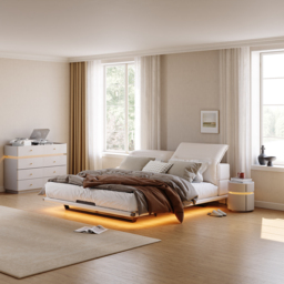 Round Saddle Leather Bedside Table with Wireless Charging Bedside Table in Beige - thumbnail 3