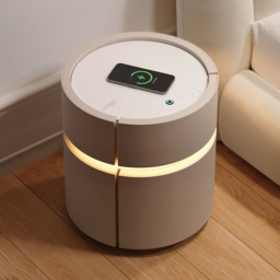 Round Saddle Leather Bedside Table with Wireless Charging Bedside Table in Beige - thumbnail 1