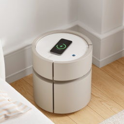Round Saddle Leather Bedside Table with Wireless Charging Bedside Table in Beige - thumbnail 7