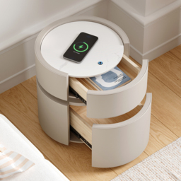 Round Saddle Leather Bedside Table with Wireless Charging Bedside Table in Beige - thumbnail 2