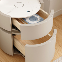 Round Saddle Leather Bedside Table with Wireless Charging Bedside Table in Beige - thumbnail 8
