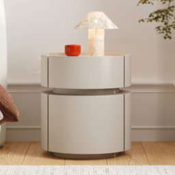 Round Saddle Leather Bedside Table with Wireless Charging Bedside Table in Beige - thumbnail 6