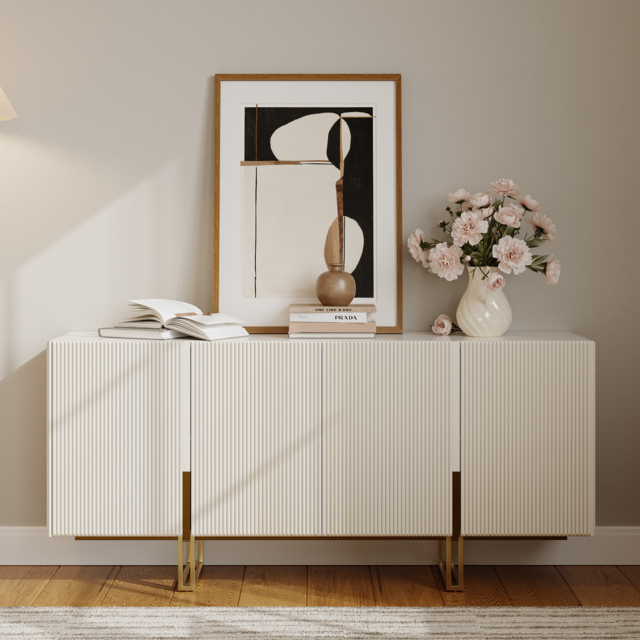 Grovyn 120 cm Buffet Sideboard Sintered Stone Top White Fluted with Adjustable Shelves - image 1