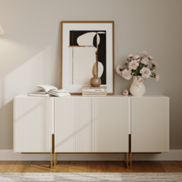 Grovyn 120 cm Buffet Sideboard Sintered Stone Top White Fluted with Adjustable Shelves - thumbnail 1