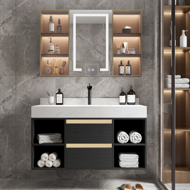 1000mm Floating Ceramic Sink & Open Shelves in Black & Bathroom Cabinet Vanity - image 1