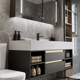 1000mm Floating Ceramic Sink & Open Shelves in Black & Bathroom Cabinet Vanity - thumbnail 4