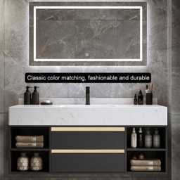 1000mm Floating Ceramic Sink & Open Shelves in Black & Bathroom Cabinet Vanity - thumbnail 3