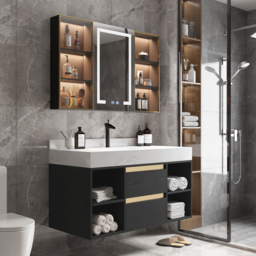 1000mm Floating Ceramic Sink & Open Shelves in Black & Bathroom Cabinet Vanity - thumbnail 2