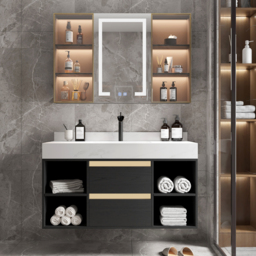 1000mm Floating Ceramic Sink & Open Shelves in Black & Bathroom Cabinet Vanity - thumbnail 1