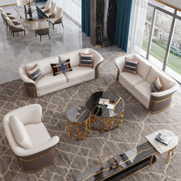 Modern Faux Leather Living Room Sofa Set in Brown & White Set of 3 - thumbnail 3