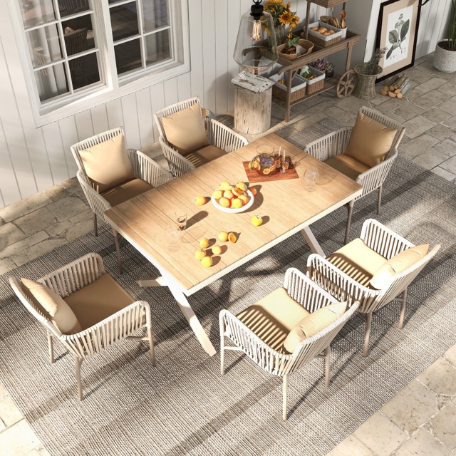 7-Pieces Outdoor Dining Set with Wood-Top Trestle Table and 6 Woven Rattan Armchair - image 1
