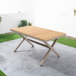 7-Pieces Outdoor Dining Set with Wood-Top Trestle Table and 6 Woven Rattan Armchair - thumbnail 9