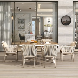 7-Pieces Outdoor Dining Set with Wood-Top Trestle Table and 6 Woven Rattan Armchair - thumbnail 2