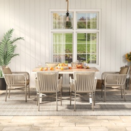 7-Pieces Outdoor Dining Set with Wood-Top Trestle Table and 6 Woven Rattan Armchair - thumbnail 7