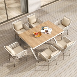 7-Pieces Outdoor Dining Set with Wood-Top Trestle Table and 6 Woven Rattan Armchair - thumbnail 4