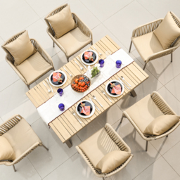 7-Pieces Outdoor Dining Set with Wood-Top Trestle Table and 6 Woven Rattan Armchair - thumbnail 5