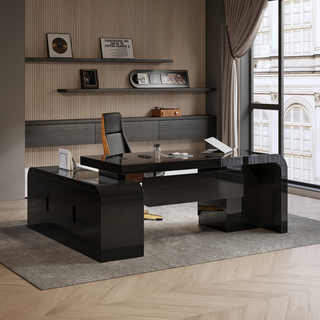 "70.9"" Black L-shaped Modern Executive Desk Right Hand & Reclining Leather Office Chair" - image 1