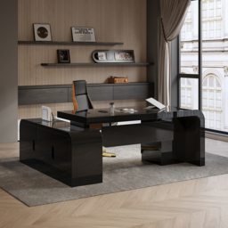 "70.9"" Black L-shaped Modern Executive Desk Right Hand & Reclining Leather Office Chair" - thumbnail 1