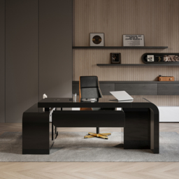 "70.9"" Black L-shaped Modern Executive Desk Right Hand & Reclining Leather Office Chair" - thumbnail 2