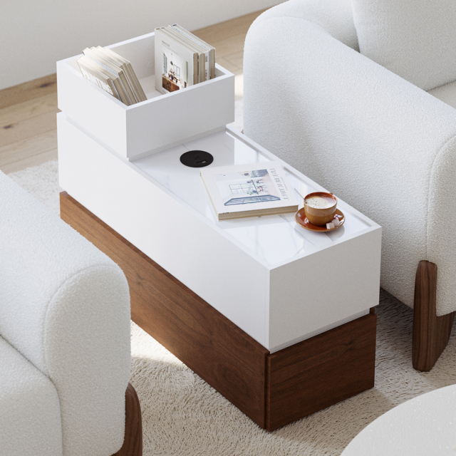 Sintered Stone Top Narrow Smart Side Table with Storage Modern White & Walnut End Table with USB Charging - image 1