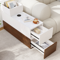 Sintered Stone Top Narrow Smart Side Table with Storage Modern White & Walnut End Table with USB Charging - thumbnail 4