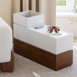 Sintered Stone Top Narrow Smart Side Table with Storage Modern White & Walnut End Table with USB Charging - thumbnail 2