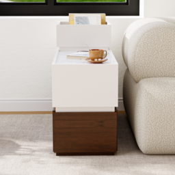 Sintered Stone Top Narrow Smart Side Table with Storage Modern White & Walnut End Table with USB Charging - thumbnail 3