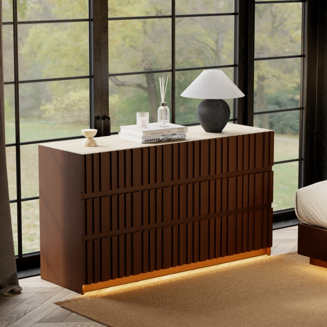 Aura 150 cm Walnut and Sintered Stone 6-Drawer Lighted Dresser - image 1