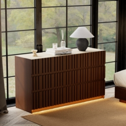 Aura 150 cm Walnut and Sintered Stone 6-Drawer Lighted Dresser