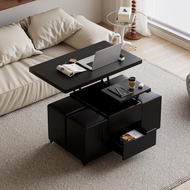 Modern Black Lift Top Coffee Table in with Storage Ottoman