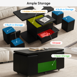 Modern Black Lift Top Coffee Table 10 cm 1 with Storage Ottoman Foldable and Casters Transforming Into Dining Table - thumbnail 7
