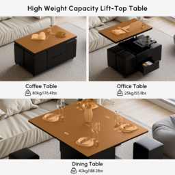 Modern Black Lift Top Coffee Table 10 cm 1 with Storage Ottoman Foldable and Casters Transforming Into Dining Table - thumbnail 8