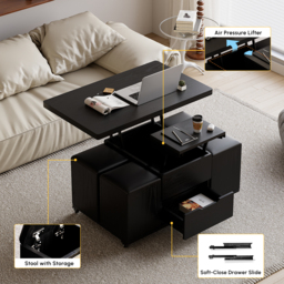 Modern Black Lift Top Coffee Table 10 cm 1 with Storage Ottoman Foldable and Casters Transforming Into Dining Table - thumbnail 9