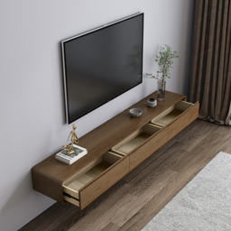 Mid Century Floating Wood TV Stand Unit in Walnut with 3 Drawers for TVs Up to 2159mm - thumbnail 3