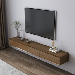Mid Century Floating Wood TV Stand Unit in Walnut with 3 Drawers for TVs Up to 2159mm - thumbnail 5